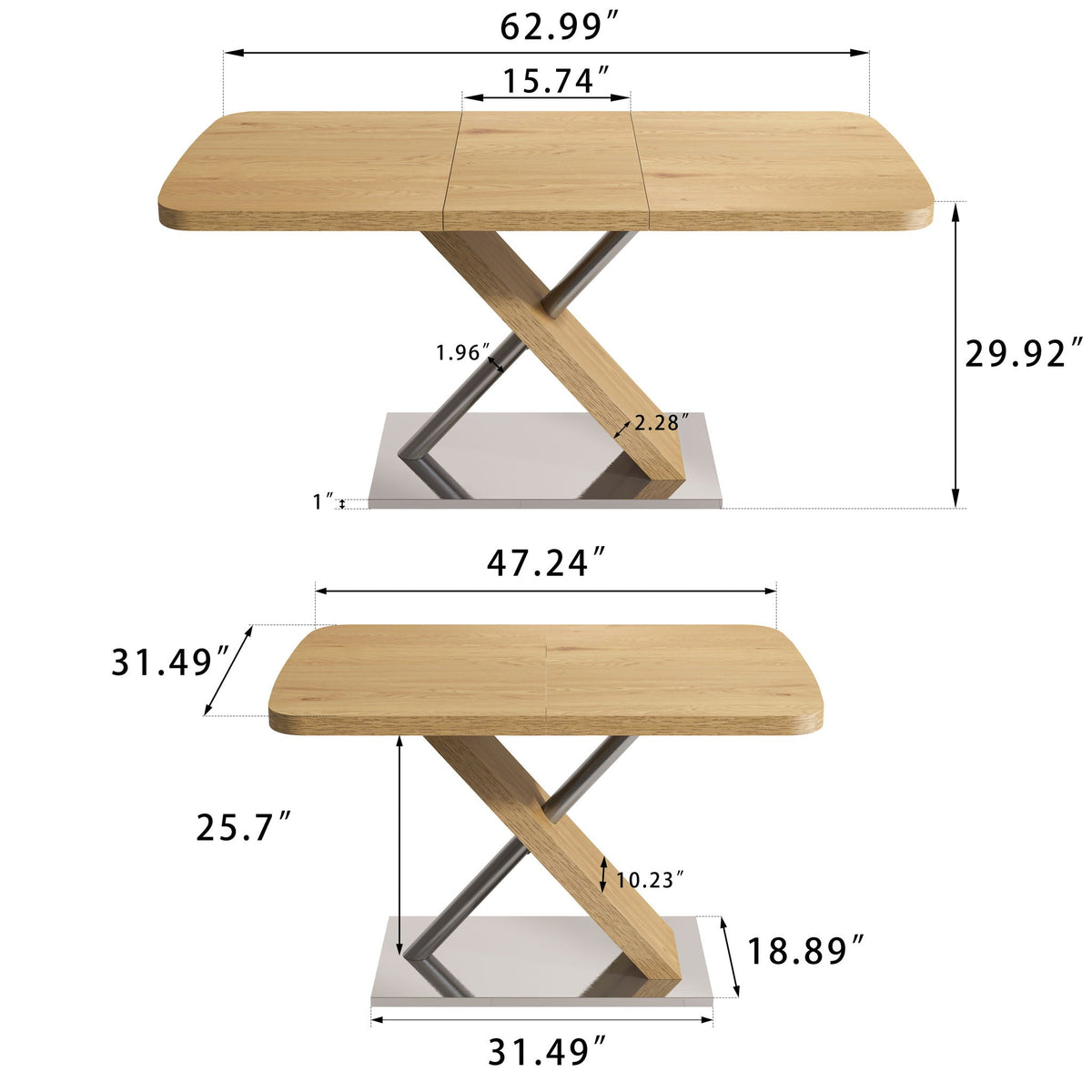 Retractable Square Dining Table with Stainless Steel Cross Base - Natural