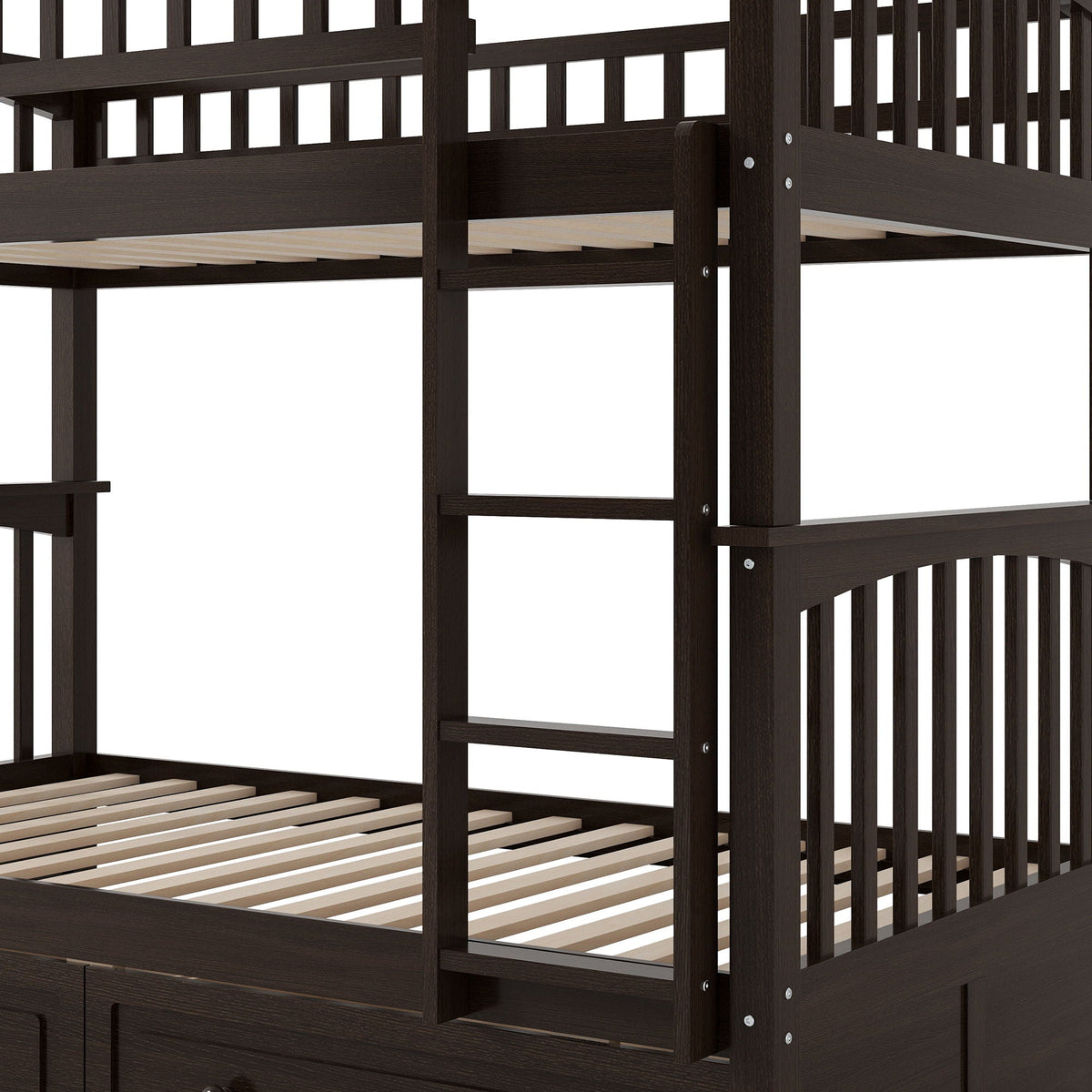 Convertible Bunk Bed With Drawers - Solid Wood with Storage - White, Dark Brown or Dark Gray
