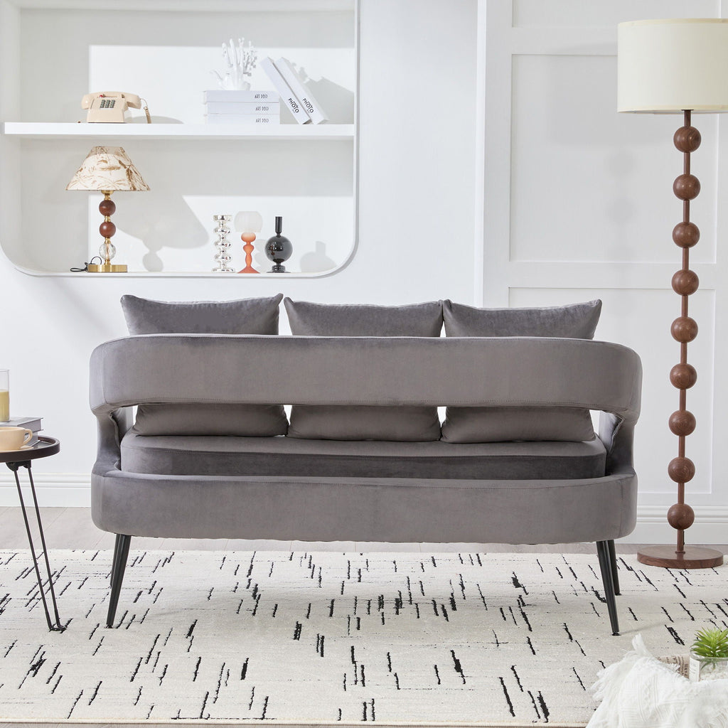 Open Back Loveseat Settee with 3 Pillows - Beige, Dark Green, or Dark Gray