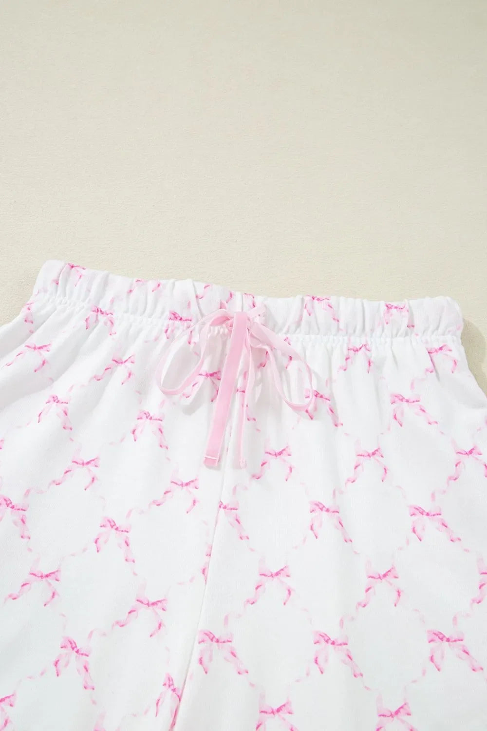 Bow Print Lettuce Trim Round Neck Top and Shorts Lounge Set