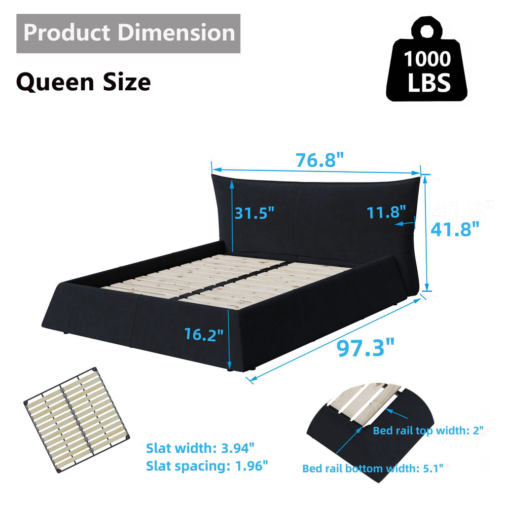 Upholstered Platform Bed with Special Shaped Headboard - Black or Beige