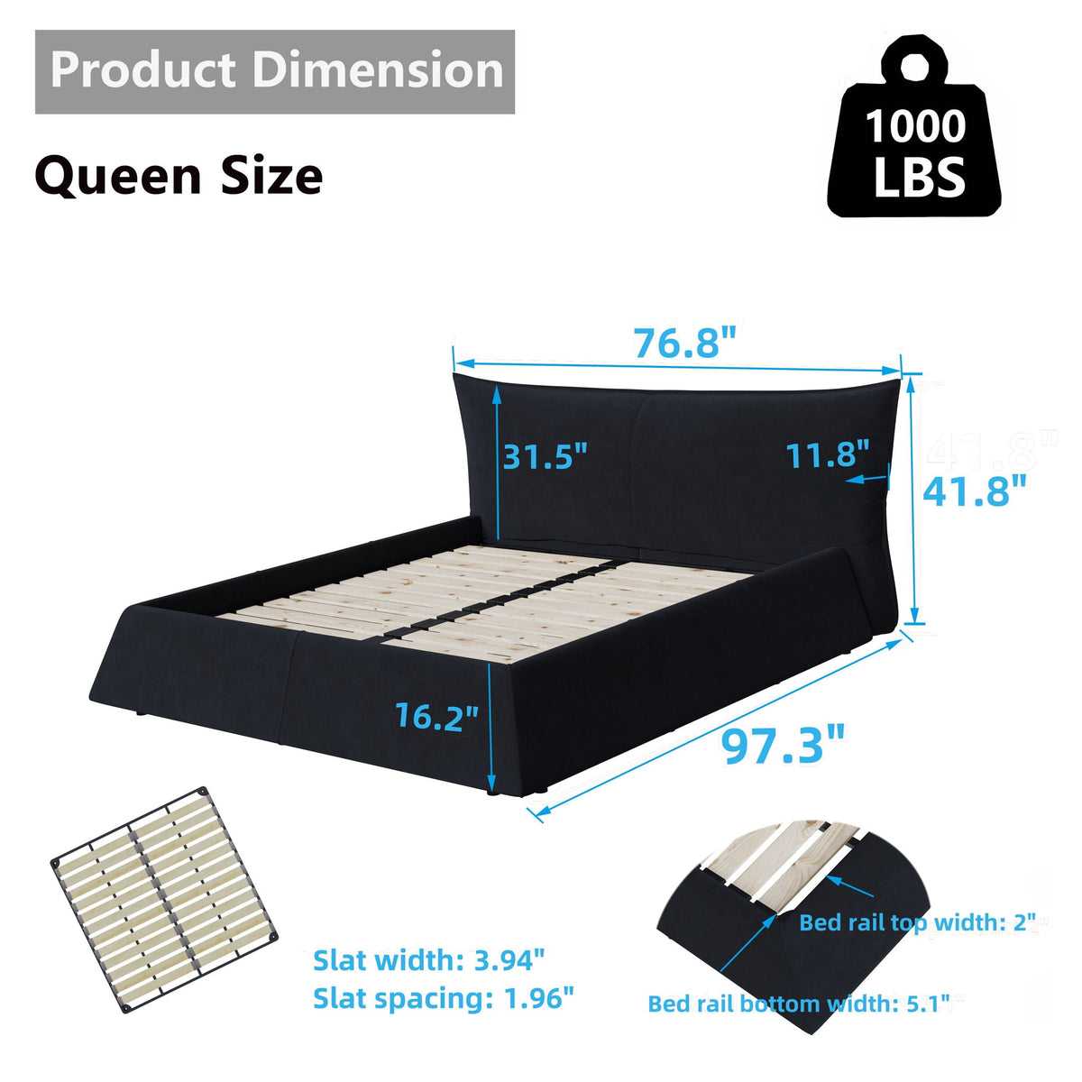 Upholstered Platform Bed with Special Shaped Headboard - Black or Beige