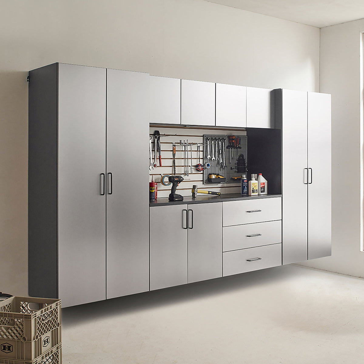 Astro Series Wall Mounted Storage Cabinet with Soft Closing Drawers - Metallic Gray