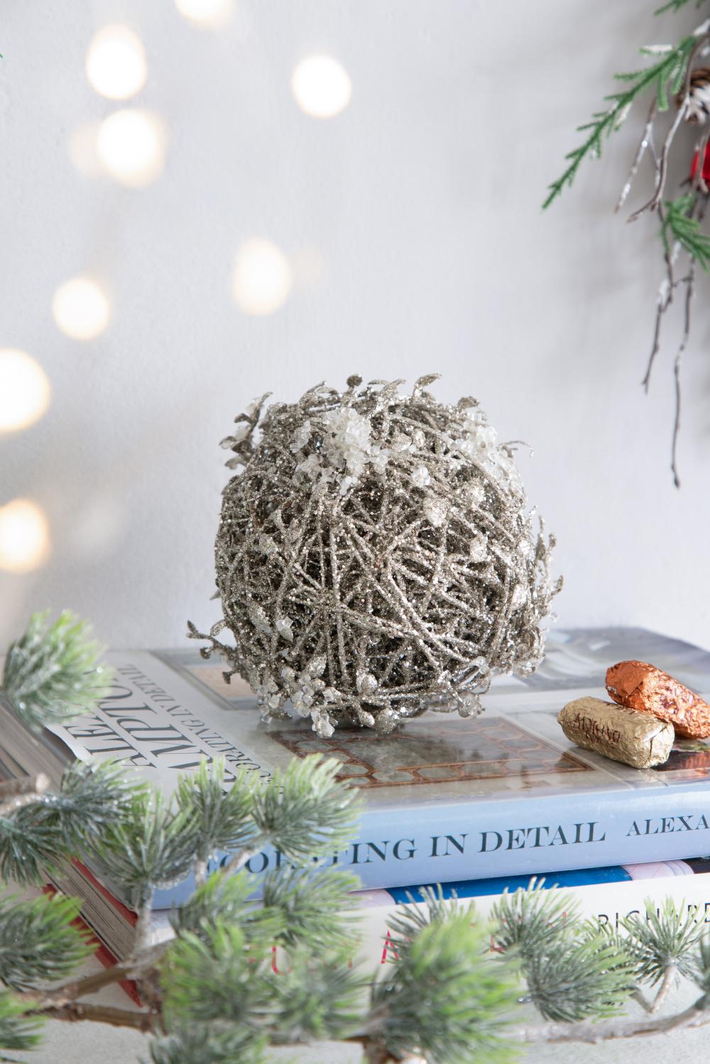 Iced Leaf and Twig Ball Christmas Tree Ornaments - Set of 4