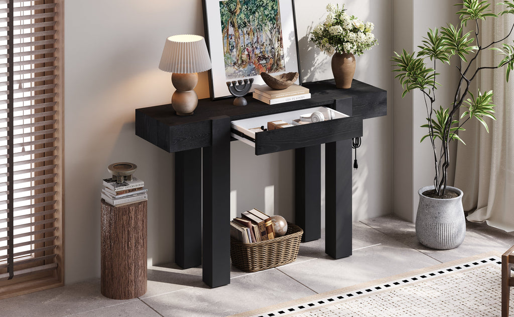 Rustic Minimalist Console Table with Hidden Drawer and Power Outlet - Brown