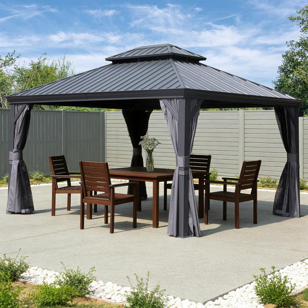 11x13FT Outdoor Gazebo with Galvanized Steel Double Roof - Gray or Brown