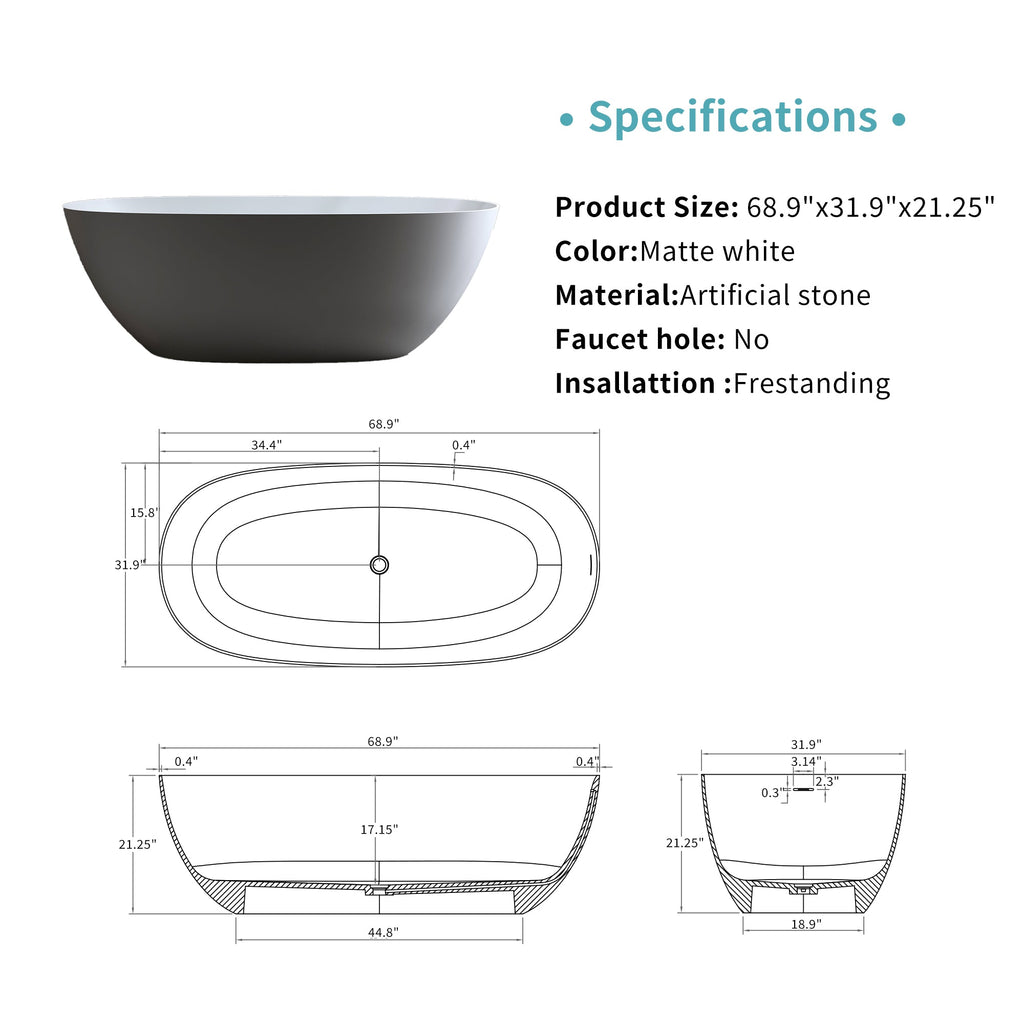 69" Freestanding Bathtub with Solid Resin Stone – White