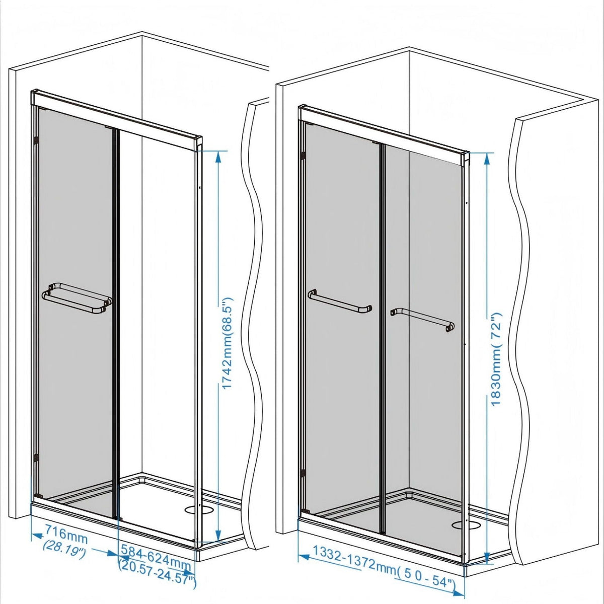 Double Sliding Shower Door with Explosion Proof Film - Black, Gray, or Dark Gray