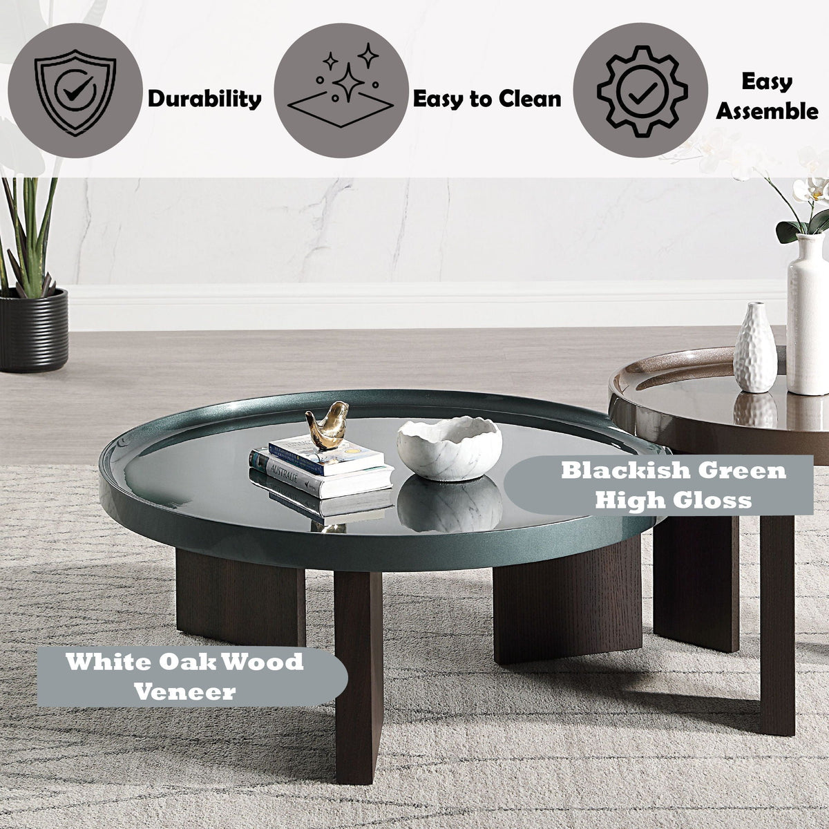 Elegant Design Coffee Table with High Gloss Top - Dark Green or Dark Brown