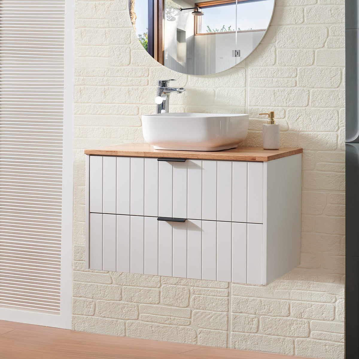 32-Inch Double Drawer Wall-Mounted Bathroom Vanity with Solid Wood Construction