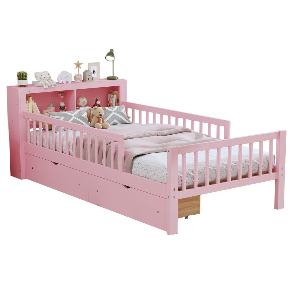 Twin Storage Bed with Headboard Rack & Under-Bed Drawers - Multiple Colors