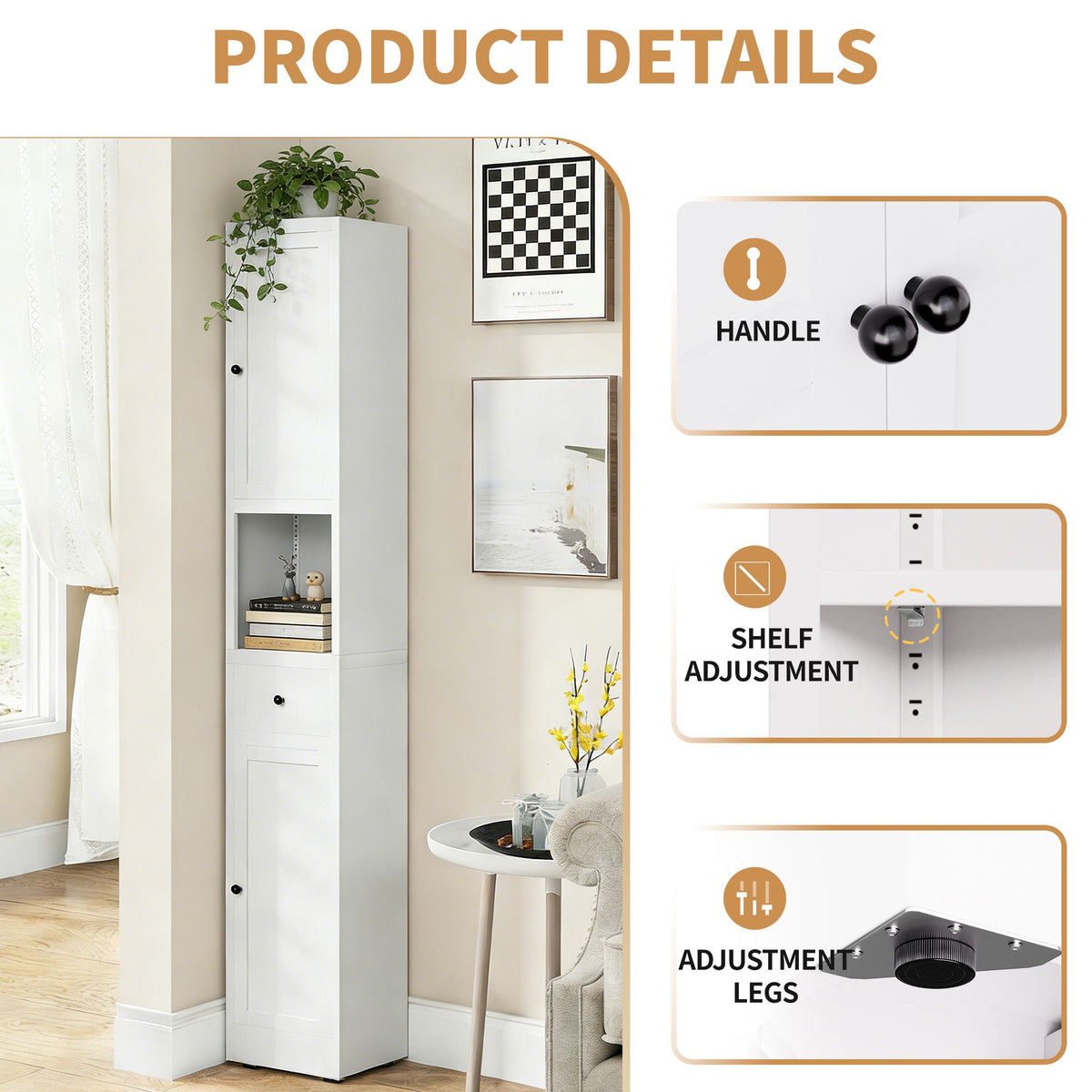 Tall Bathroom Storage Cabinet with Adjustable Shelves - White Steel