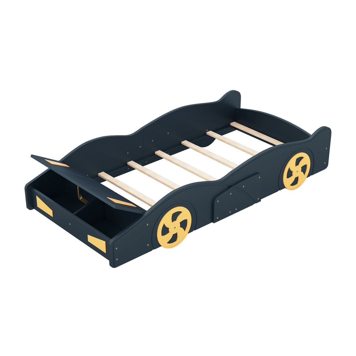 Race Car Platform Bed with Storage and Wheels - Black or Blue