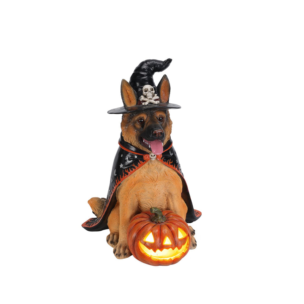 Halloween German Shepherd Dog Statue with LED Pumpkin - Resin