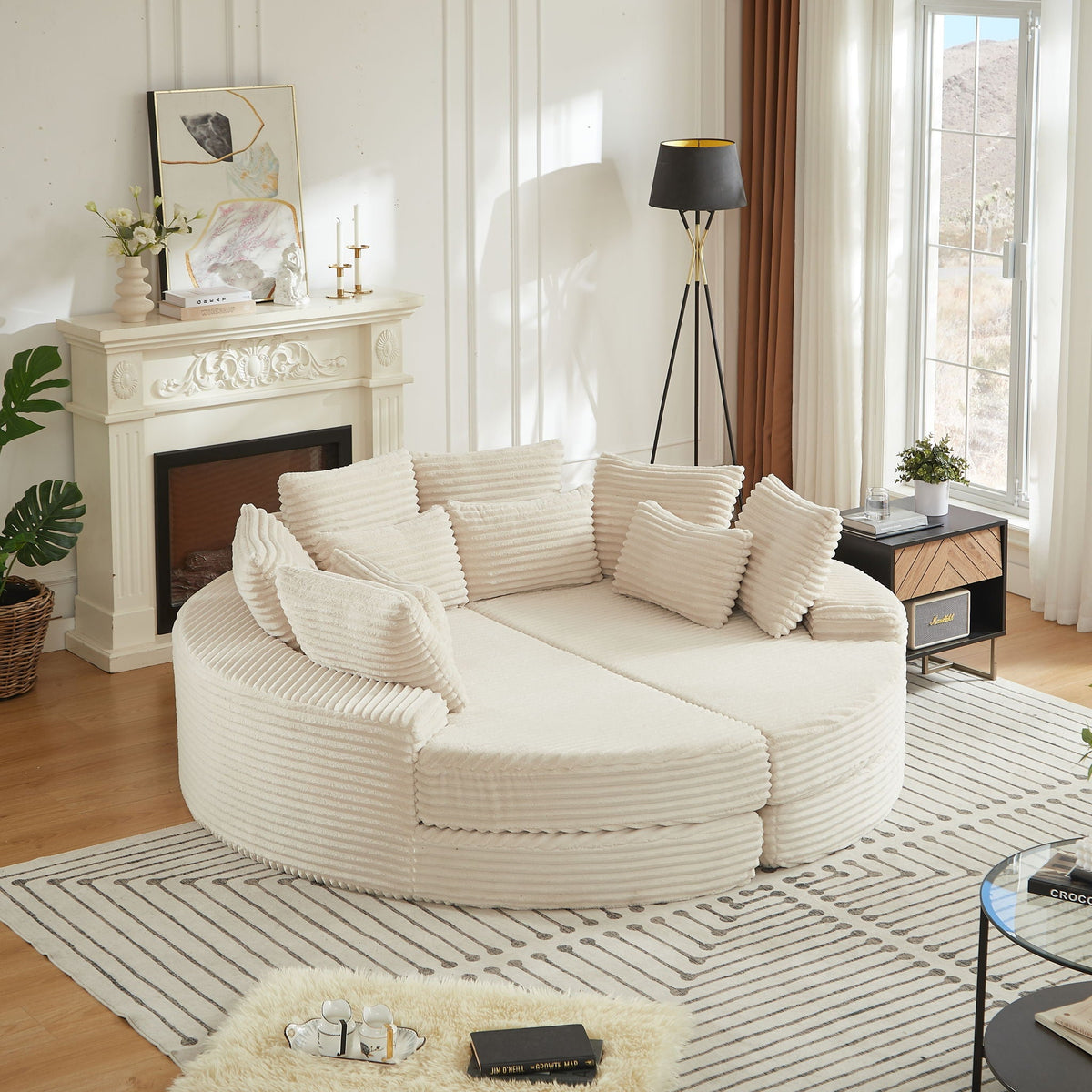 Round Oversized Sofa Bed with 5 Throw Pillows - Corduroy