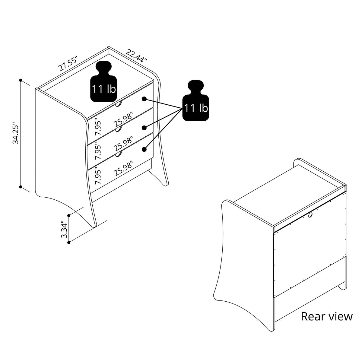 Nightstand with 3 Drawers and Quiet Glide - White or Dark Gray