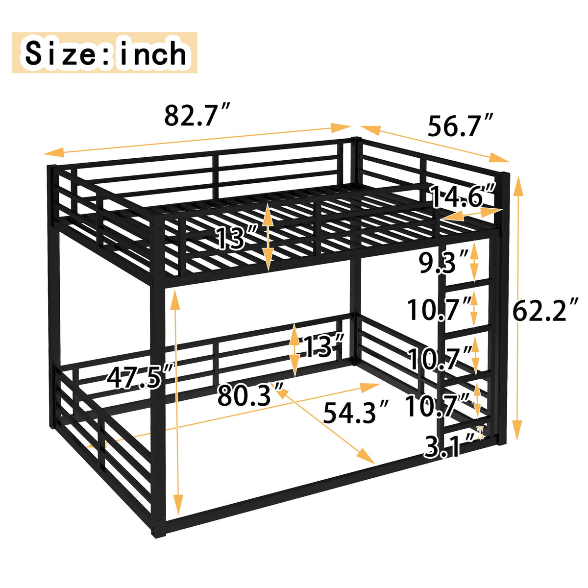 Metal Full XL Over Full XL Bunk Bed Frame
