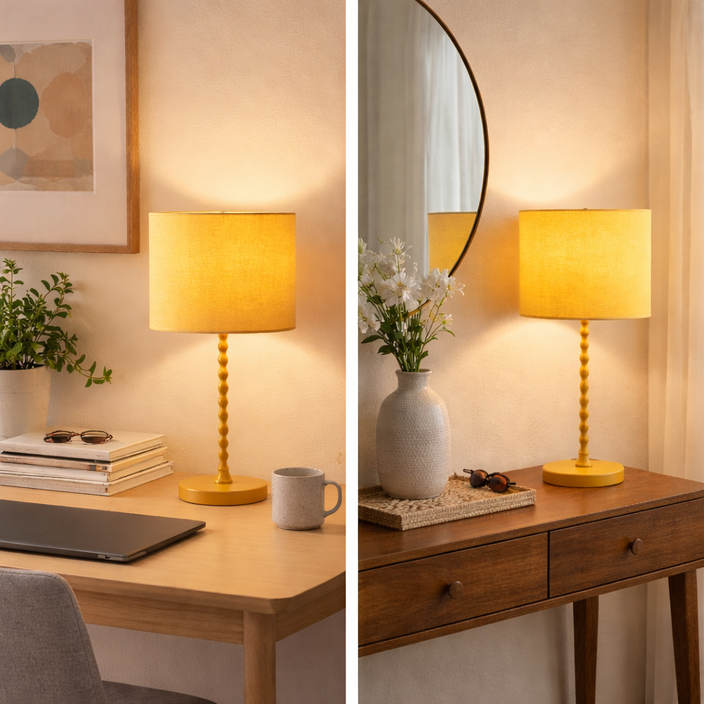 Modern Classic Desk Lamp with Ochre Linen Shade - Ochre
