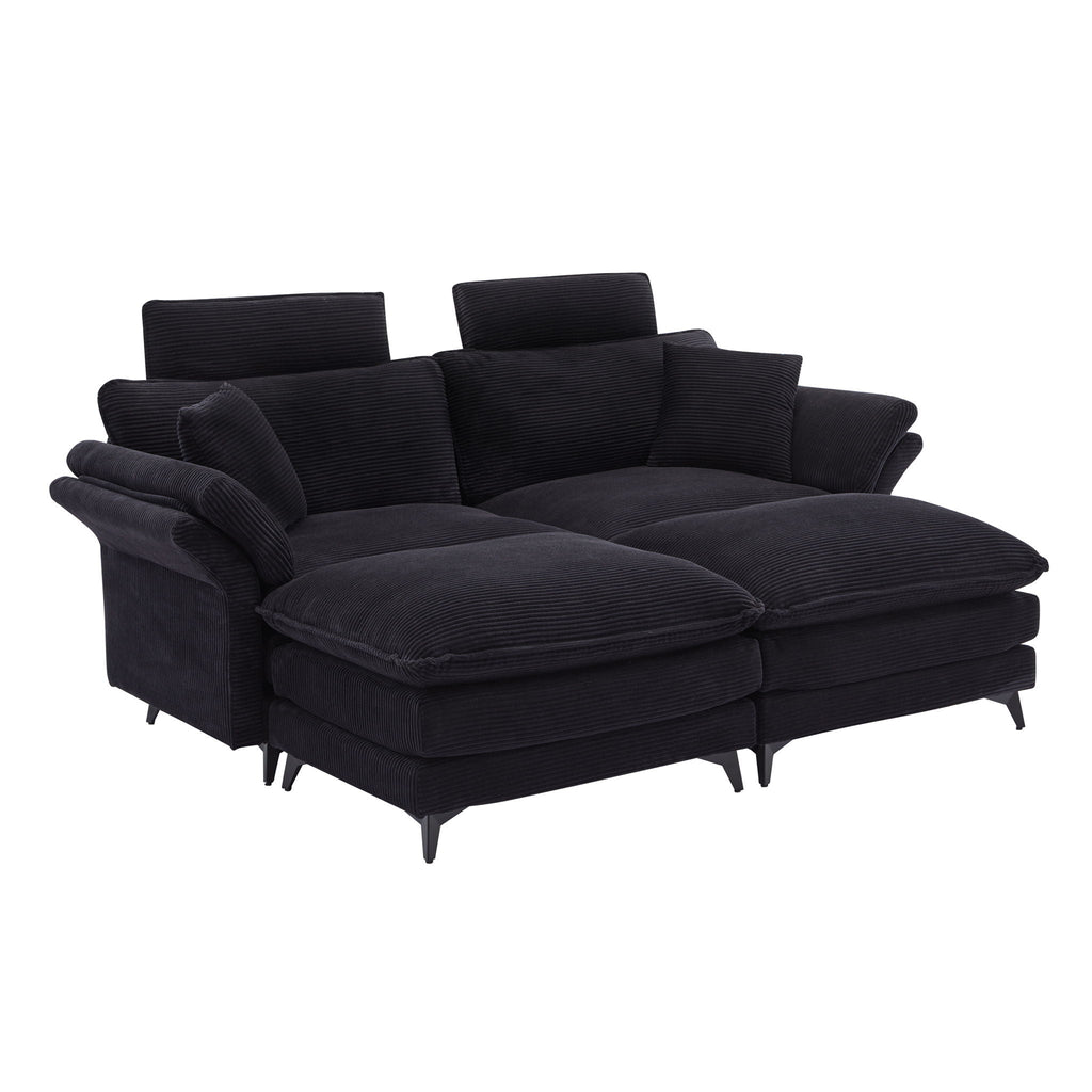 Modern Deep Seat Sectional Sofa with Ottoman - Corduroy - Black or Beige