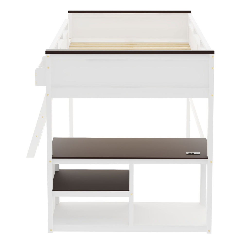 Queen Size Loft Bed with Desk, Storage, and USB Charging Station - White