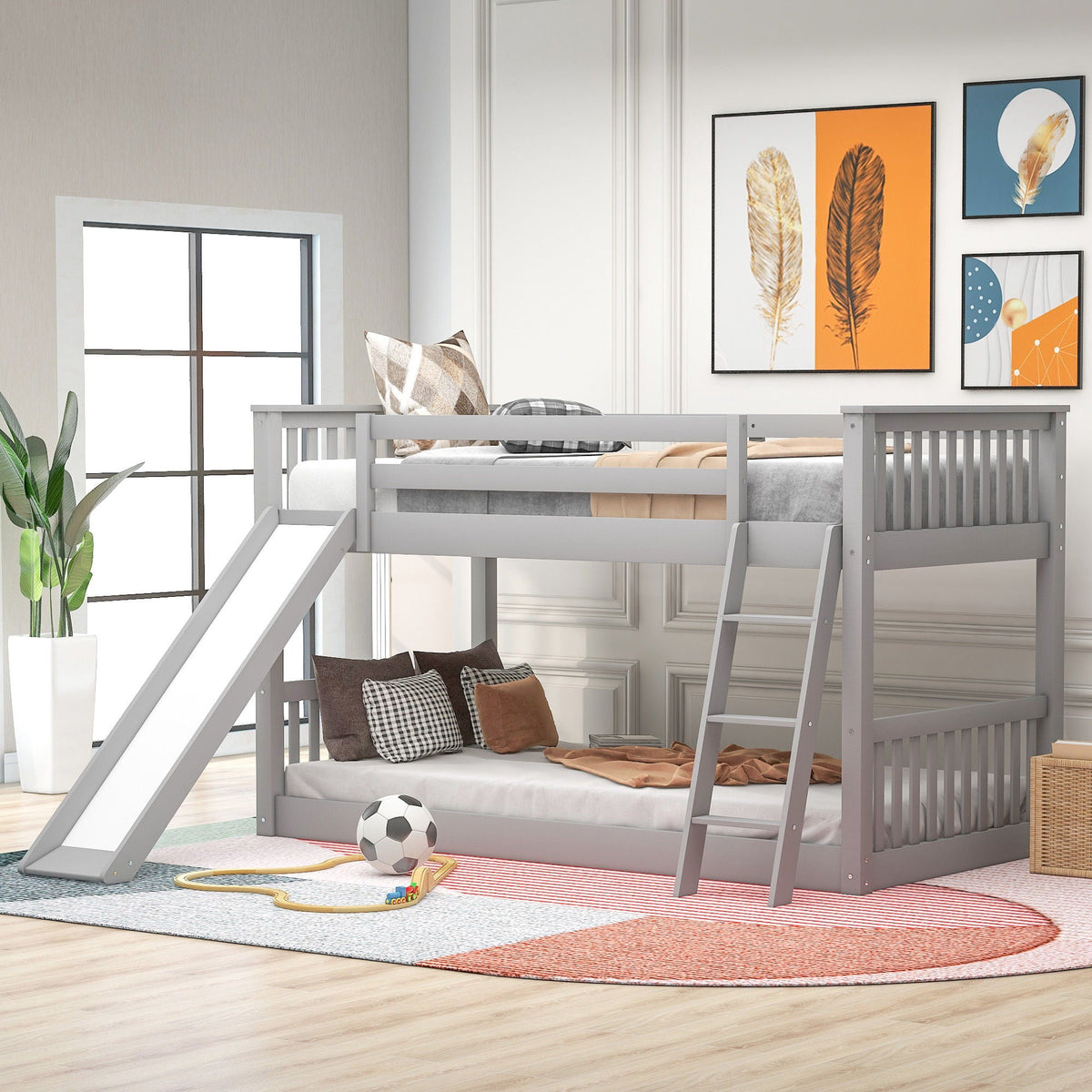 Bunk Bed with Convertible Slide and Ladder - White or Dark Gray