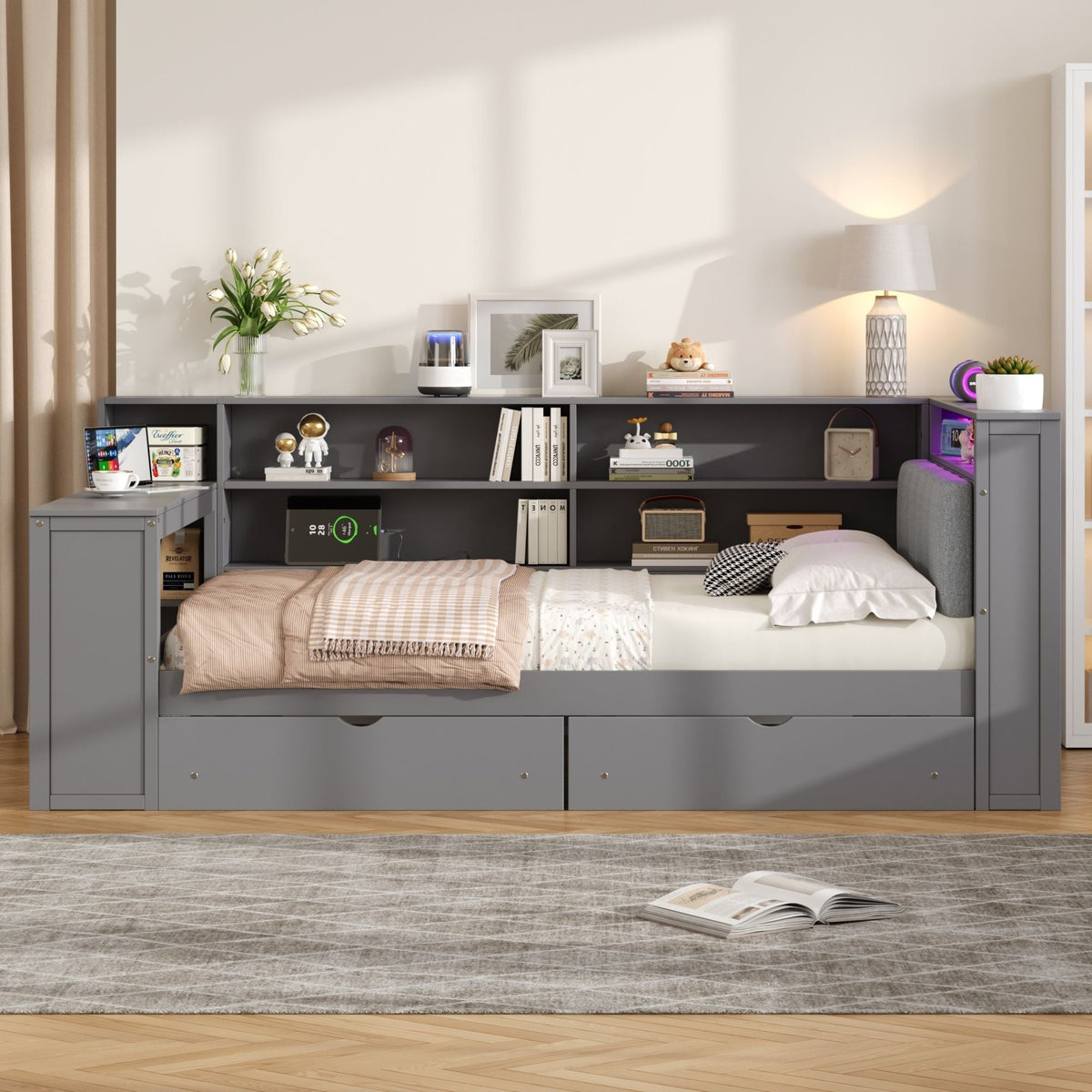 Platform Storage Bed with Shelves, Desk, Charging Station & LED - Full Size