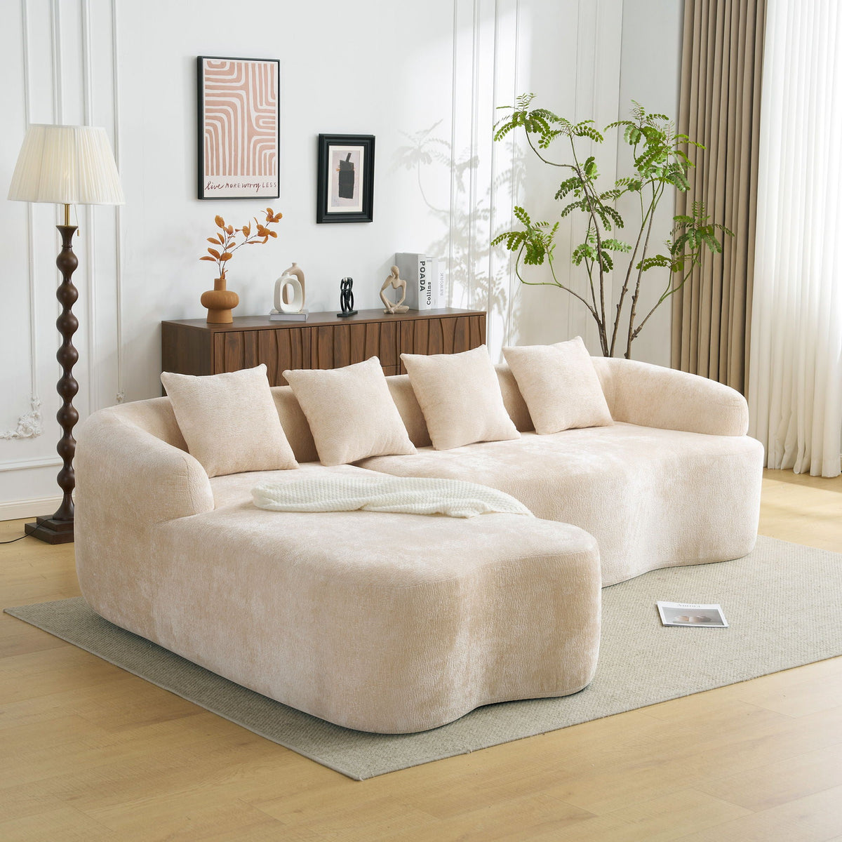 Modular L-Shape Sectional Sofa with Curved Chaise - Green, Beige, Gray