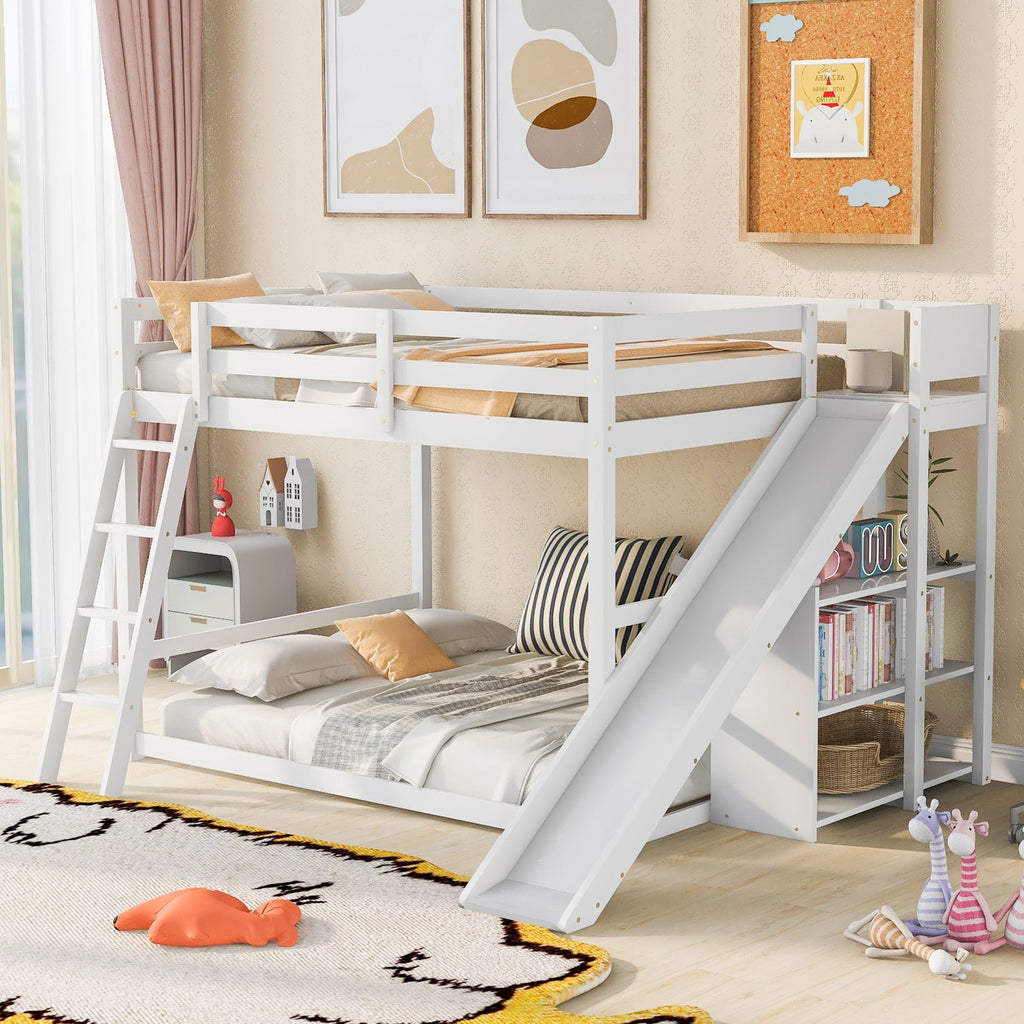 Bunk Bed With Ladder, Slide, and Shelves - Pine Wood, Full Over Full