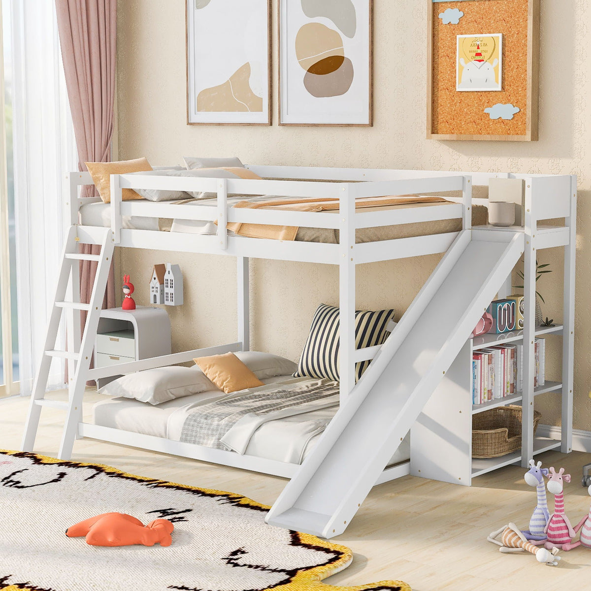 Bunk Bed With Ladder, Slide, and Shelves - Pine Wood, Full Over Full