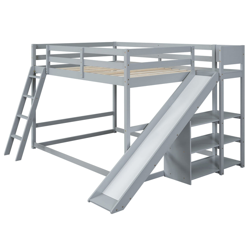 Bunk Bed With Ladder, Slide, and Shelves - Pine Wood, Full Over Full