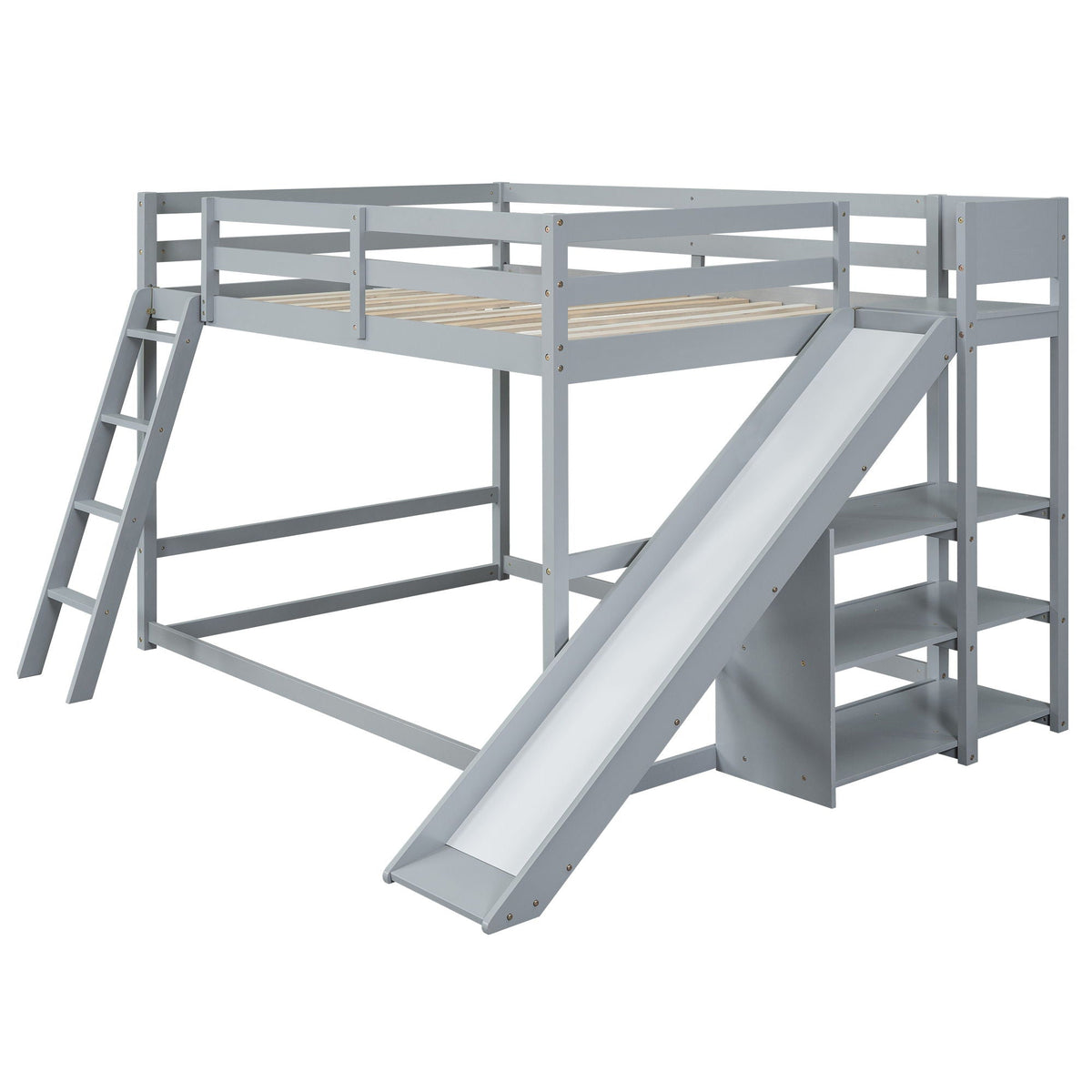 Bunk Bed With Ladder, Slide, and Shelves - Pine Wood, Full Over Full