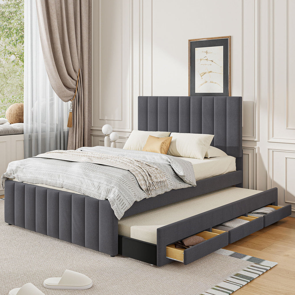 Upholstered Platform Bed with Twin Size Trundle and 3 Drawers - Beige, Full
