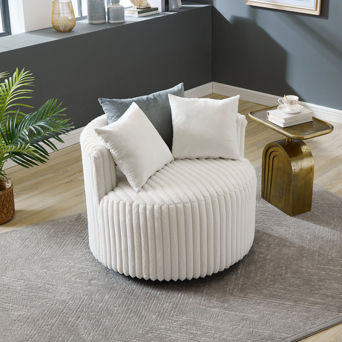 Malna Plush Wide Wale Corduroy Upholstered Barrel Accent Chair with Wheels - Off-White