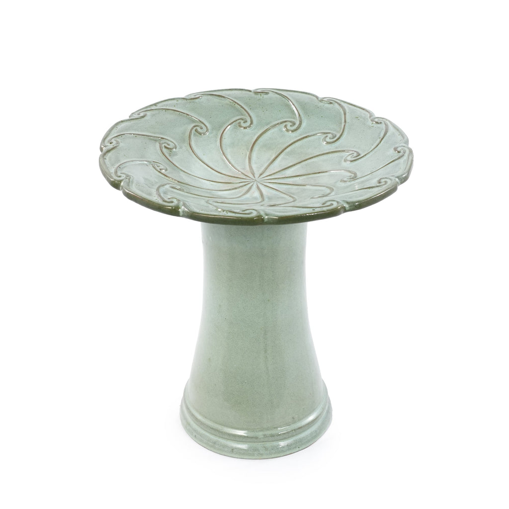 Handmade Glazed Ceramic Bird Bath with Swirling Scroll Design - Glazed Finish