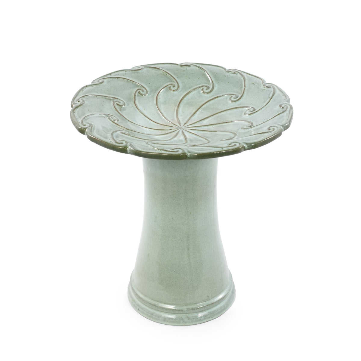 Handmade Glazed Ceramic Bird Bath with Swirling Scroll Design - Glazed Finish