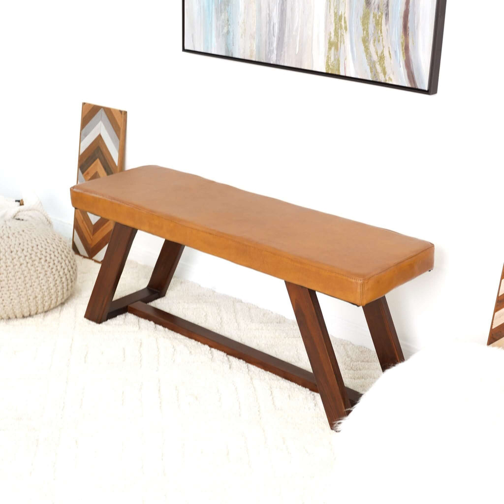 Light Brown Upholstered Bench with Hand Stitching - Genuine Material