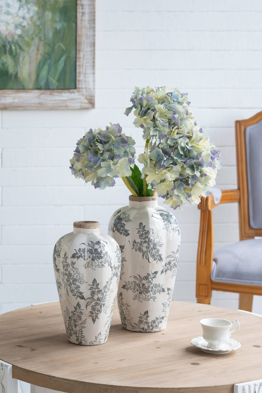 White Ceramic Accent Vase with Gray Floral Design - Multicolor