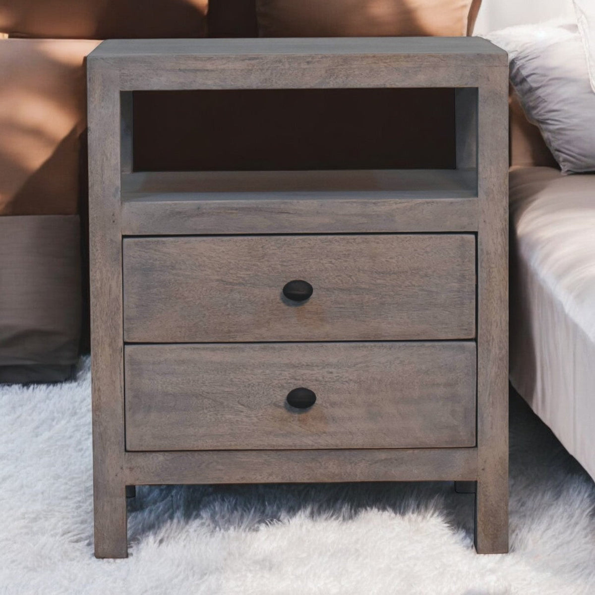 Acid Wash 2-Drawer Open Bedside Table with Open Shelf - Weathered Finish