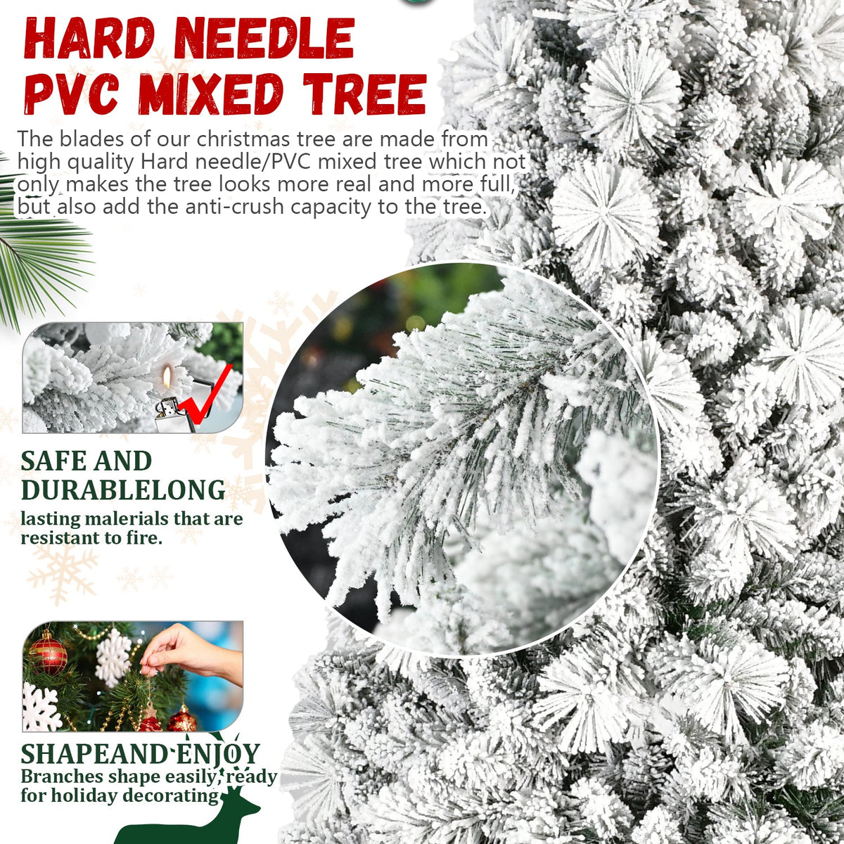 7FT Flocked Christmas Tree with Hinged Design - Snowy White