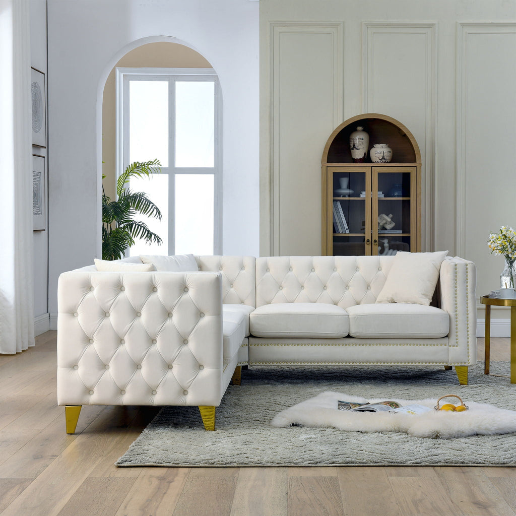 L-Shaped Corner Sofa, 5 Seater Sectional with Tufted Design – Beige or Dark Gray