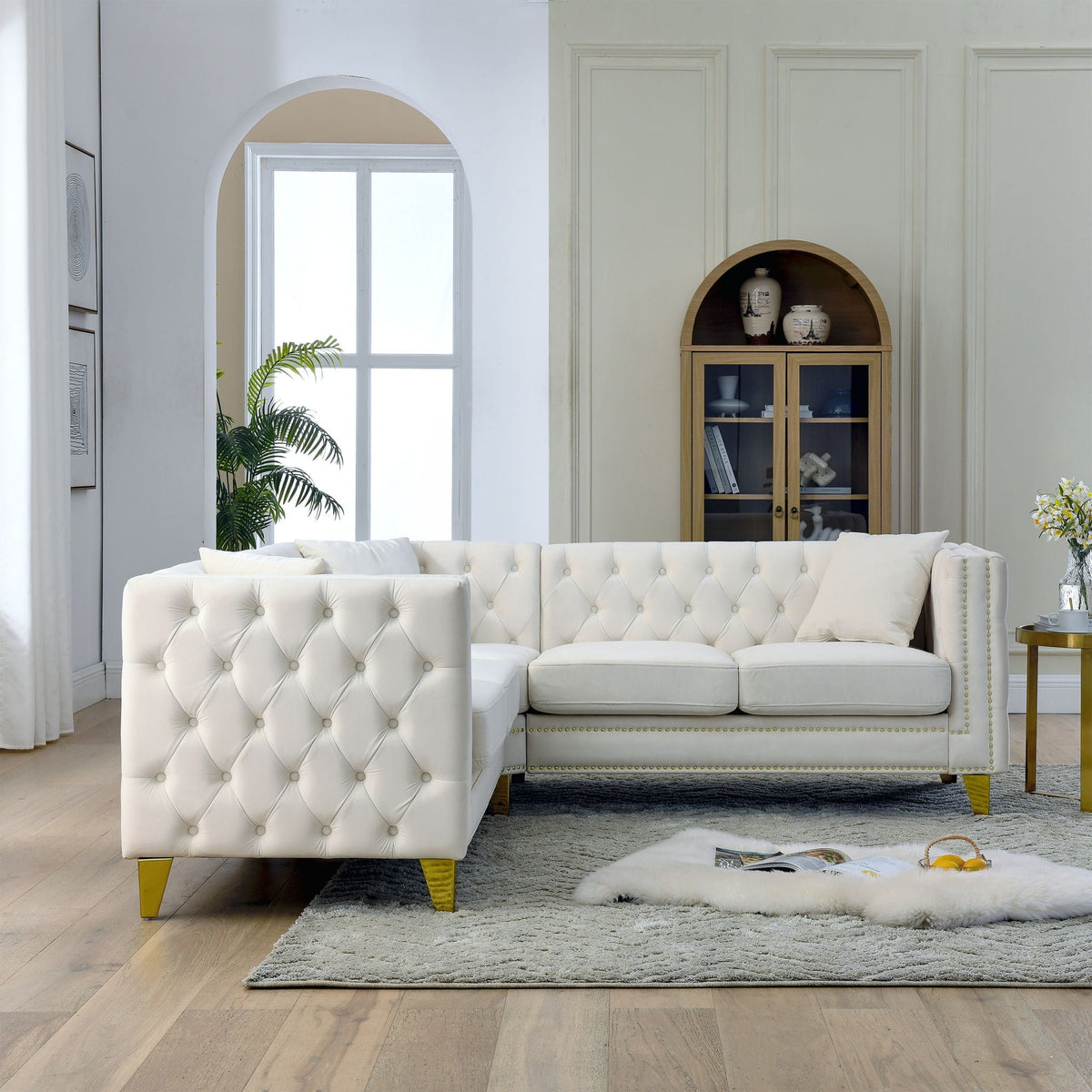 L-Shaped Corner Sofa, 5 Seater Sectional with Tufted Design – Beige or Dark Gray