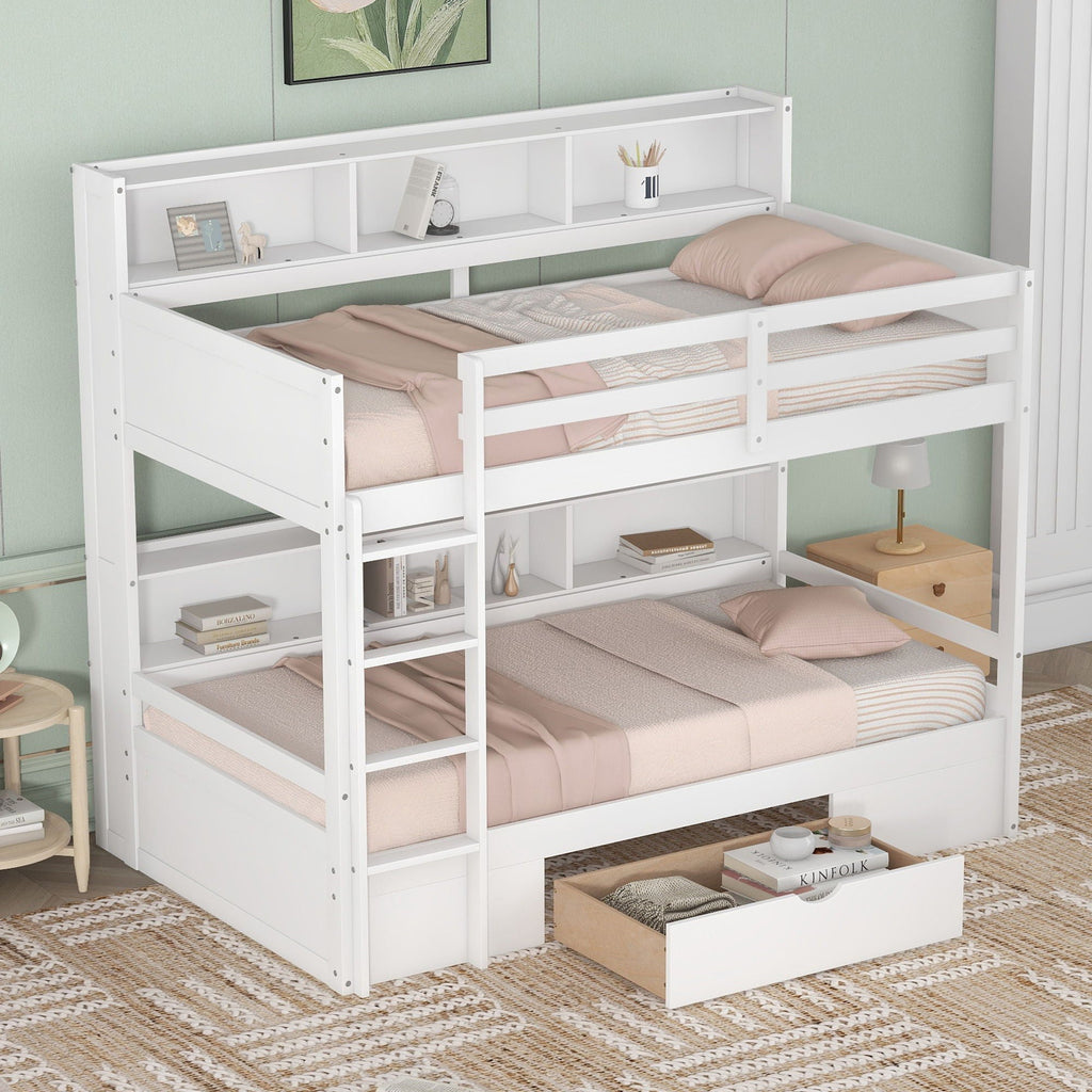 Twin Size Bunk Bed with Built-In Shelves and Storage Drawer - Dark Gray or White