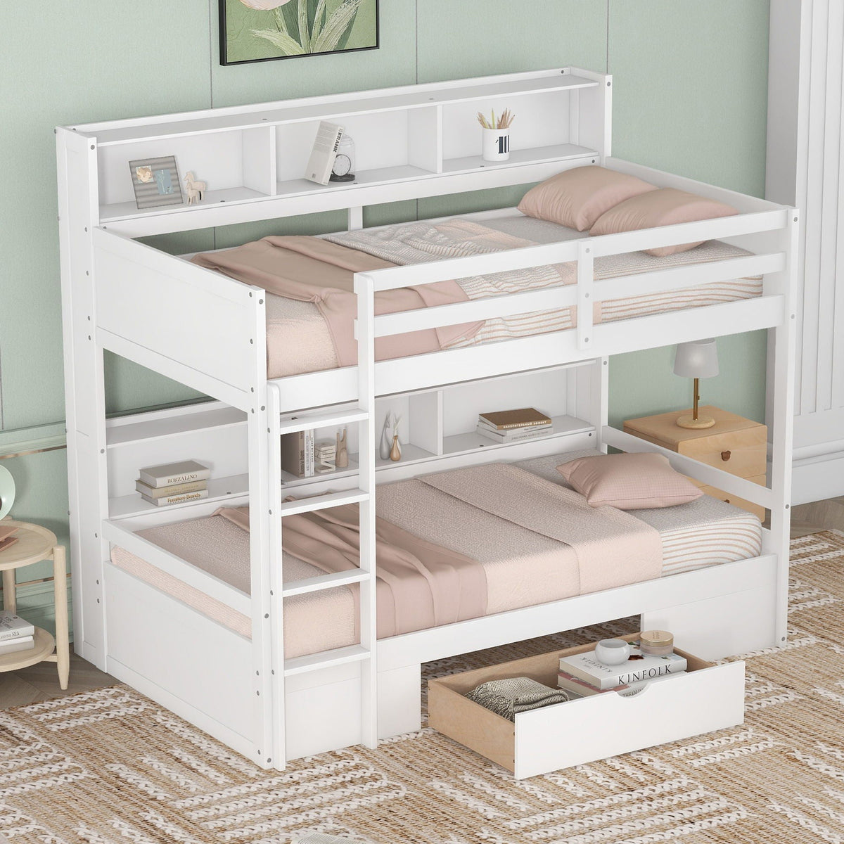 Twin Size Bunk Bed with Built-In Shelves and Storage Drawer - Dark Gray or White