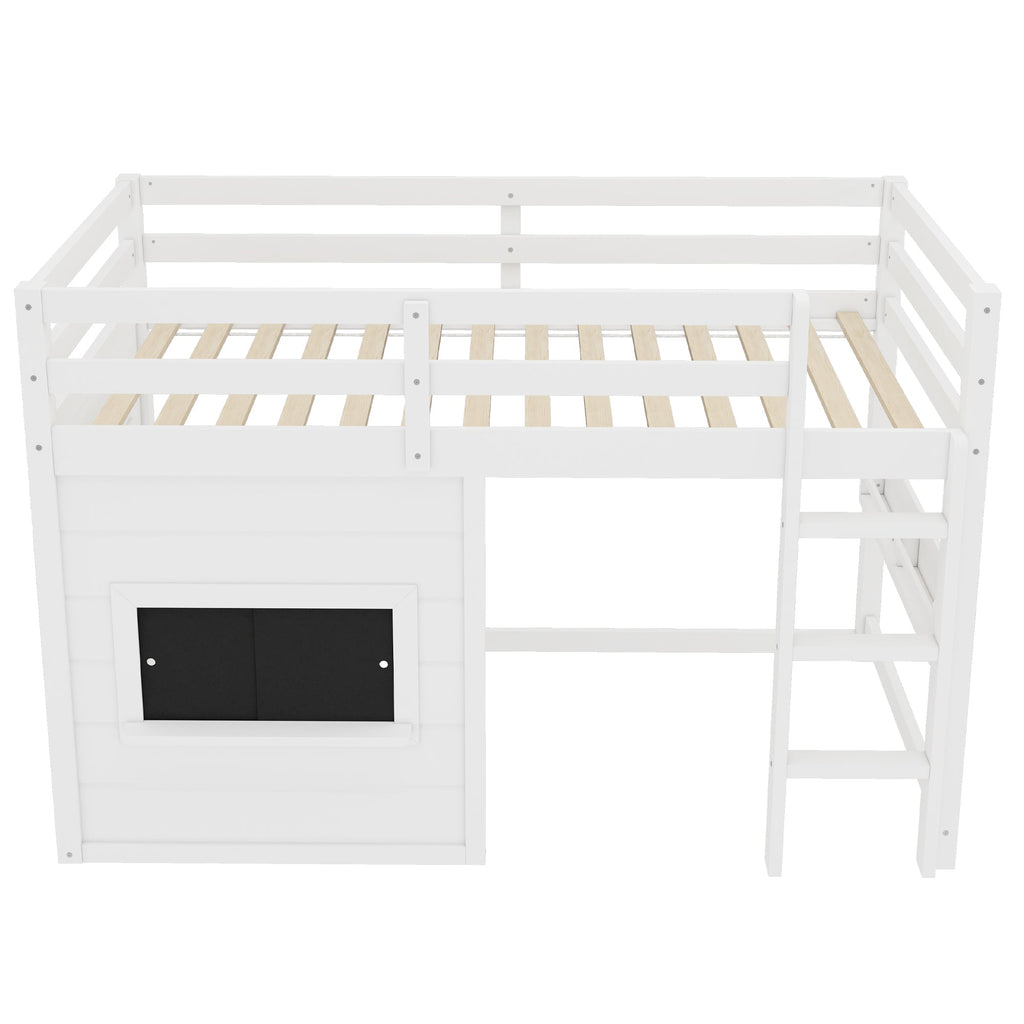 Twin Size Loft Bed with Sliding Chalkboard & Bookshelf - White