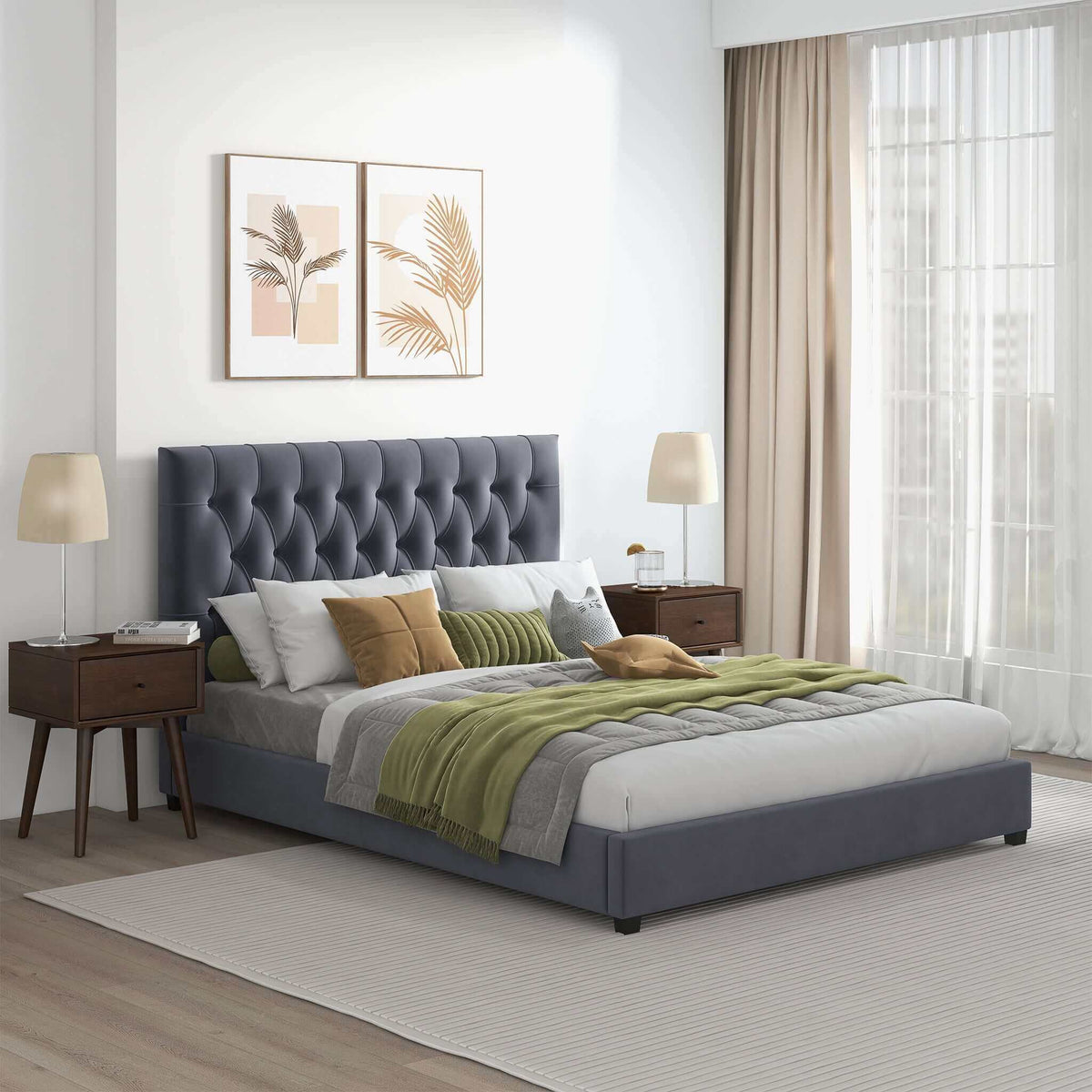 Dark Gray Mid-Century Modern Upholstered Platform Bed with Foam Headboard