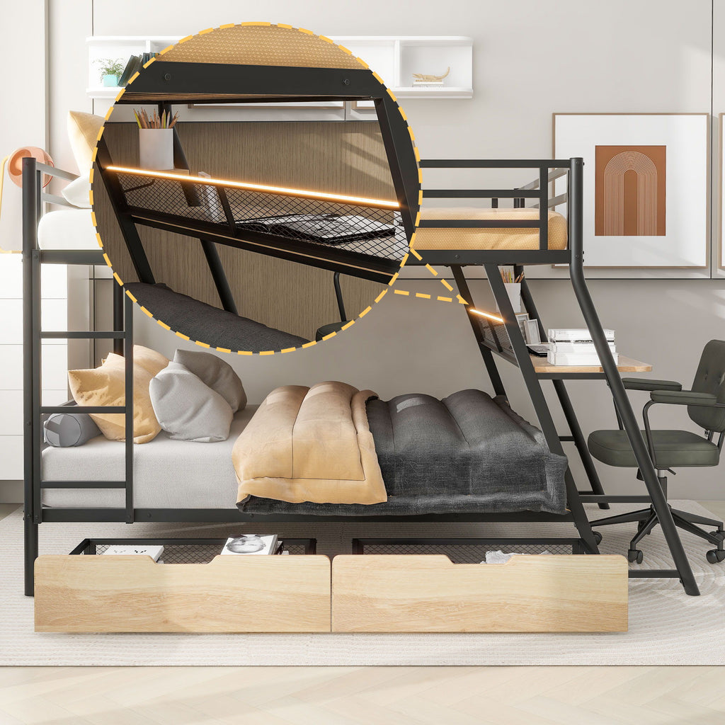 Full Size Bunk Bed with Built-In Desk, Light & 2 Drawers - Black