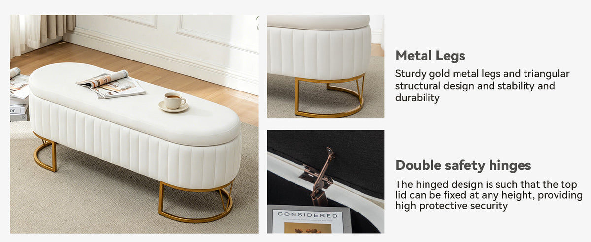 Velvet Storage Bench with Golden Metal Legs - Bedroom Bench