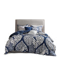 Indigo 7 Piece Cotton Printed Comforter Set with Damask Design - King