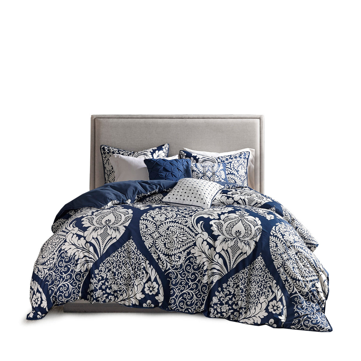 Indigo 7 Piece Cotton Printed Comforter Set with Damask Design - King