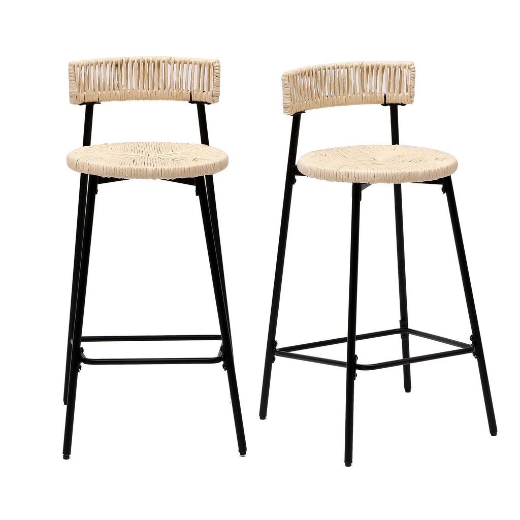 Boho Style Handwoven Paper Rope Counter Stools with Rubber Wood Frame - Light Brown or Beige